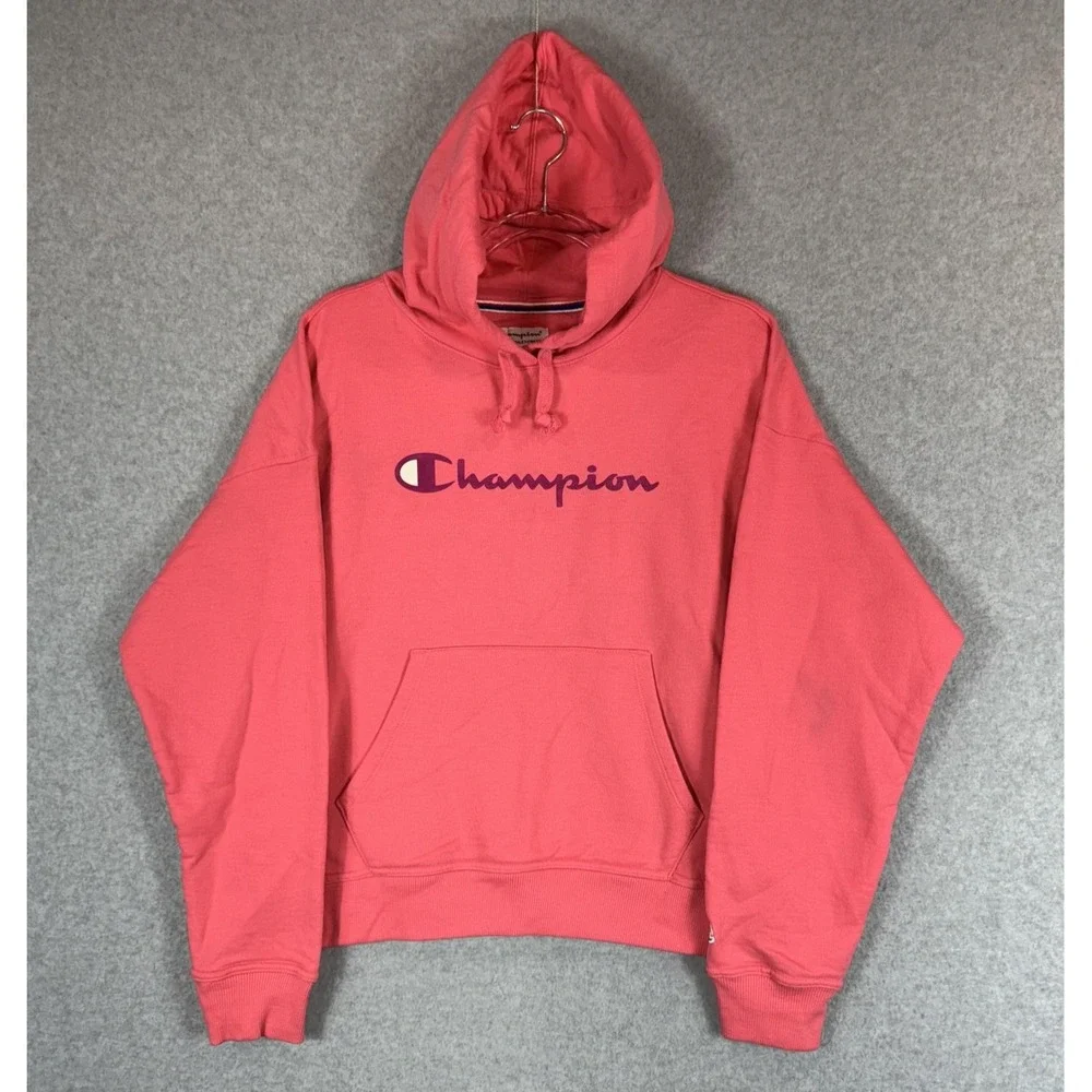 Champion Hoodie Mens Medium Pink Pullover Authentic Athleticwear Spell Out Logo